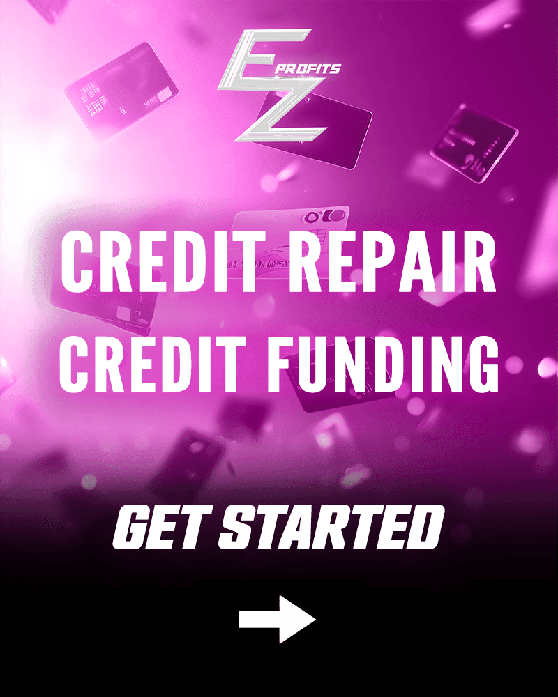 Credit repair and funding advertisement with credit cards in pink background, text: Get Started.