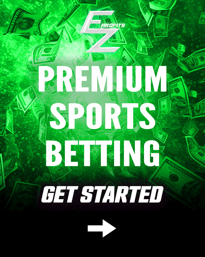 Green promotional graphic for premium sports betting with falling dollar bills.