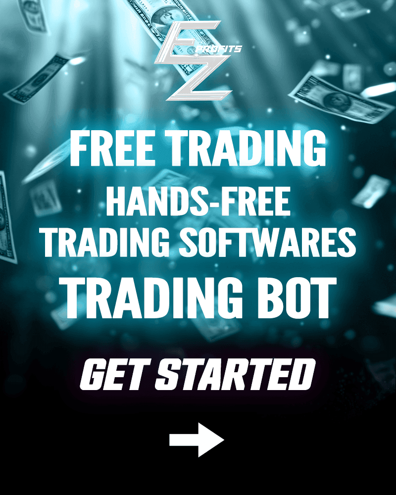 Advertisement for free hands-free trading software and bot, with floating dollar bills in the background.